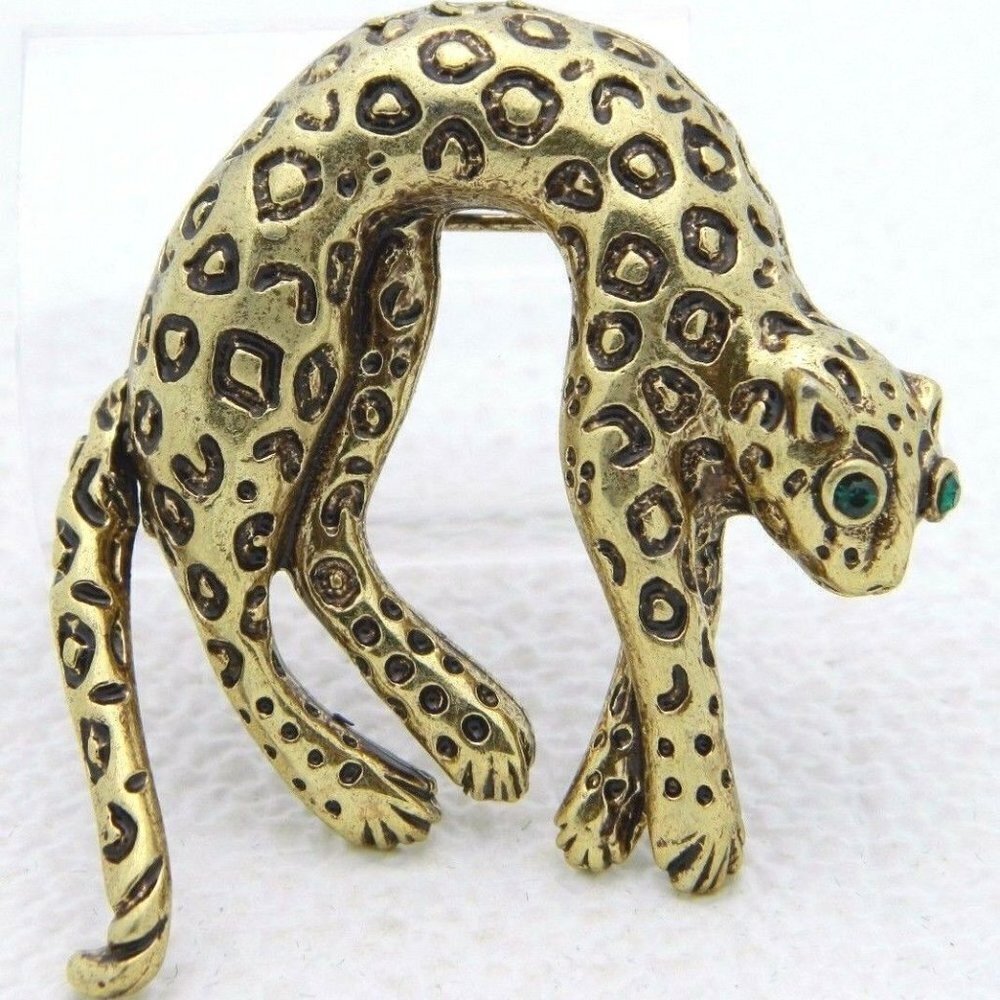 Gold Tone Black Enamel Cheetah Green Rhinestone